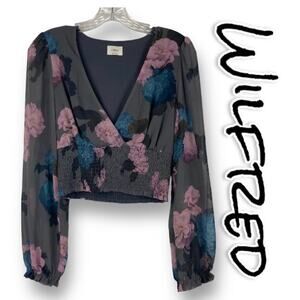 Wilfred Cropped Semi Sheer V Neck Blouse Gray Floral Womens Size Small